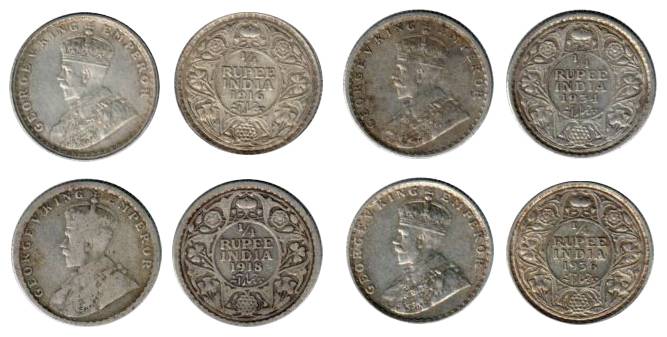 George V, Silver (11), ¼ Rupee, 1916 (2), 1917, 1918, 1919, 1926, 1928, 1929, 1934 (2), an