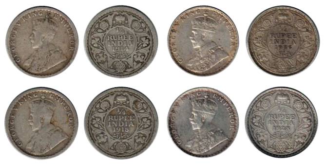 George V, Silver (10), ¼ Rupee, 1914 (3), 1918 (2), 1928 (2), 1934, and 1936 (2). Fine to 