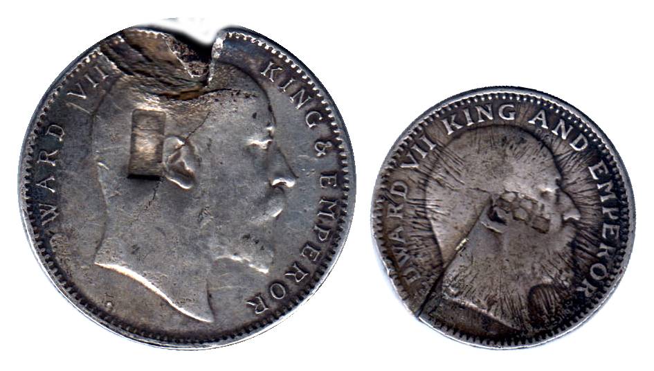 Silver (2), Rupee, Mint cancellations, 1907 and ½ Rupee, 1907. Cut and clipped by the mint