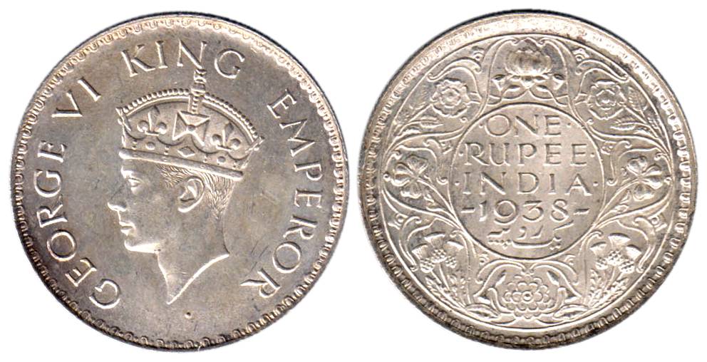 George VI, Silver, Rupee, 1938, Calcutta Mint. About UNC, Rare.
