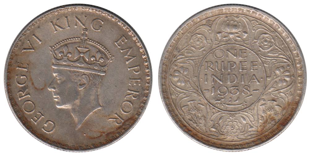 George VI, Silver, Rupee, 1938 Bombay Mint, with Dot. Very Fine+, Scarce.