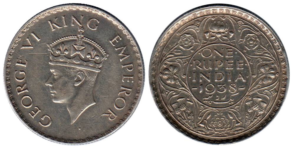George VI, Silver, Rupee, 1938 Bombay Mint, with Dot. Very Fine, Scarce.