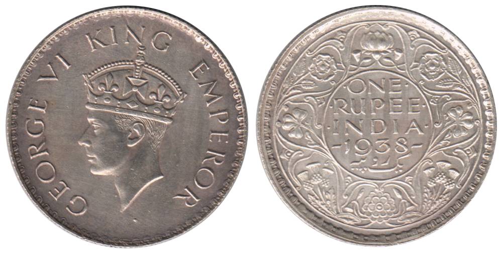George VI, Silver, Rupee, 1938 Bombay Mint, without Dot. Extremely Fine, Scarce.