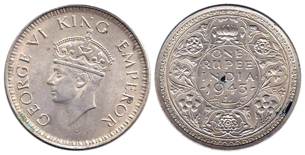 George VI, Silver, Rupee, 1943, Bombay Mint, Large Head type. Extremely Fine, Scarce.