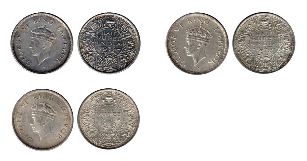 George VI, Silver (5), ½ Rupee, 1938, Bombay Mint, 1939 Bombay Mint, 1939 Calcutta Mint (2