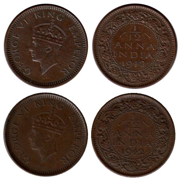 George VI, Copper, 1/12 Anna (2), 1942, Bombay Mint. Extremely Fine to UNC, Rare. 2 coins