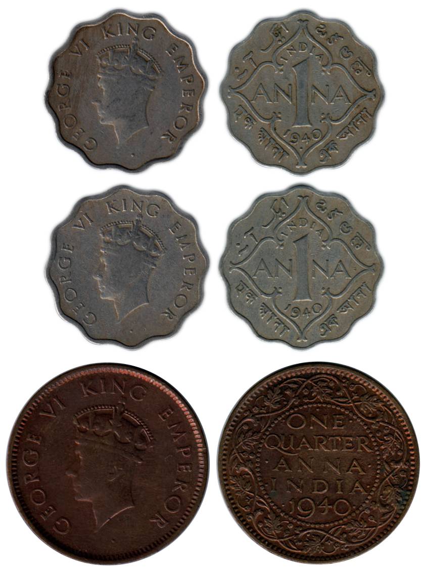George VI, Copper &amp; Cupro-Nickel (3), ¼ Anna, 1940, First Head, 1 Anna, First Head, 19