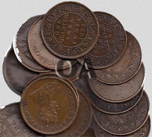 Copper (26), ¼ Anna, 1911 to 1914 (4), 1916 to 19120 (5), 1924 to 1931 (8), 1933 to 1936 (