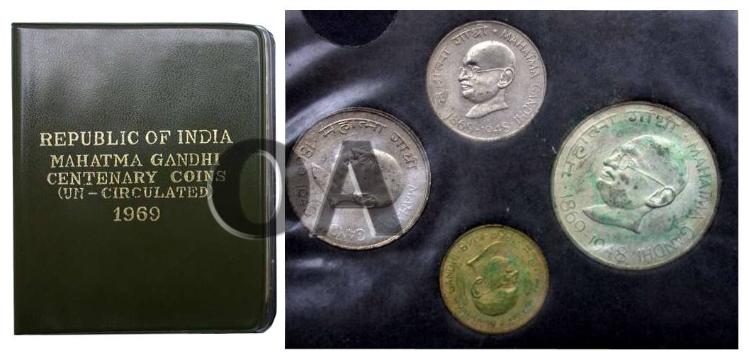 1969 UNC Set of Gandhi Centenary of 4 coins, Bombay Mint (RB# 17). Scarce.