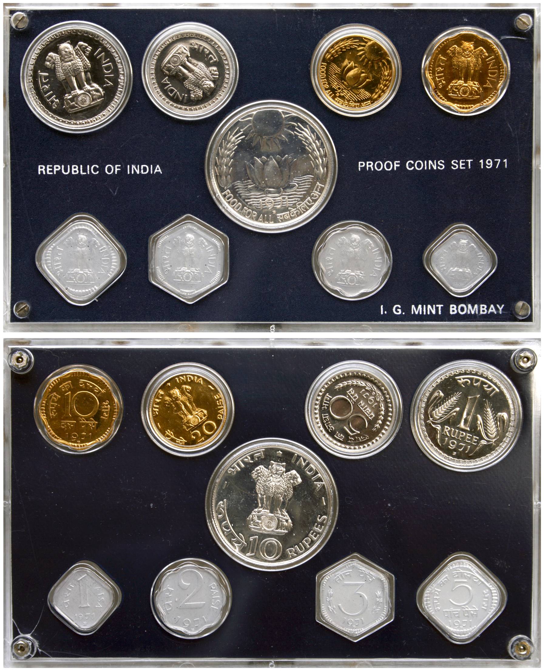 1971 Proof Set of 9 Coins, Bombay Mint, Food For All issue with 9 coins (RB# 27). Rare.