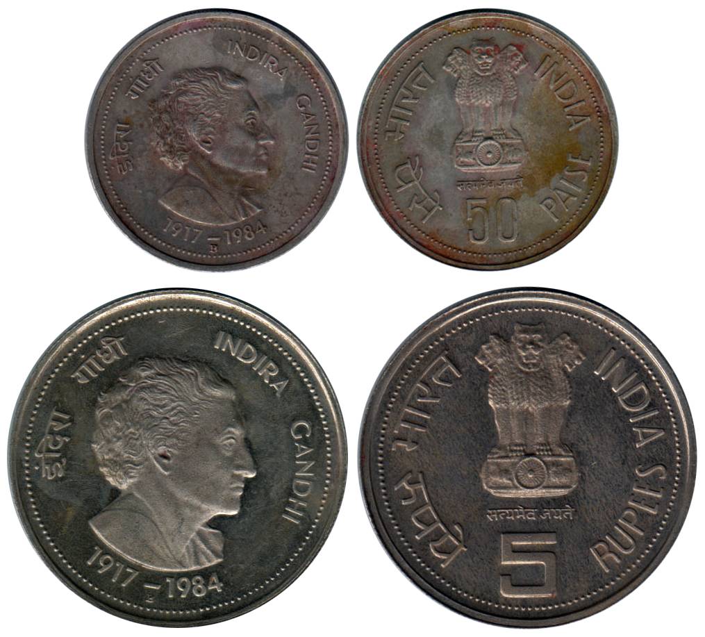 1985, Rs. 5 &amp; 50 Paise, UNC Single Coins of Indira. Scarce. 2 coins