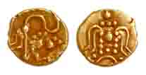 Chalukyas, Gold, Fanam, stylized lion to right on obv type. About Very Fine, Scarce.