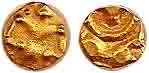 Chalukyas, Gold, Fanam, stylized Garuda facing on obv, floral motif on rev. About Extremel