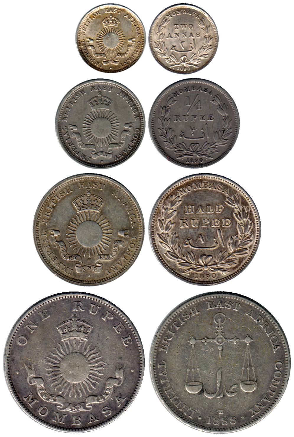 Mombasa, Silver (4), Rupee, ½, ¼ Rupee and 2 Annas, 1888, 1890, 1890, and 1890, minted at 