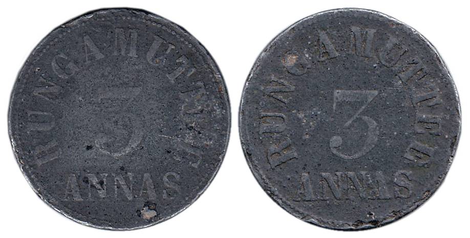 Runga Mutee Tea Token, Zink, 3 Annas. Fine, Scarce.
