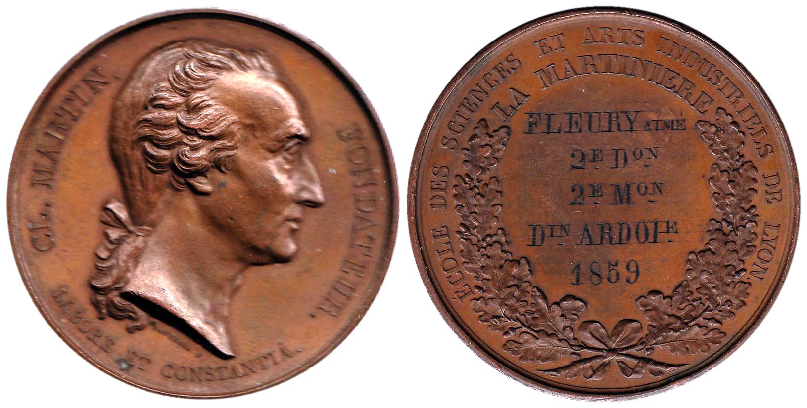 Claude Martin Medal, Bronze, 60.75 g, portrait to right on obv, within wreath, inscribed, 