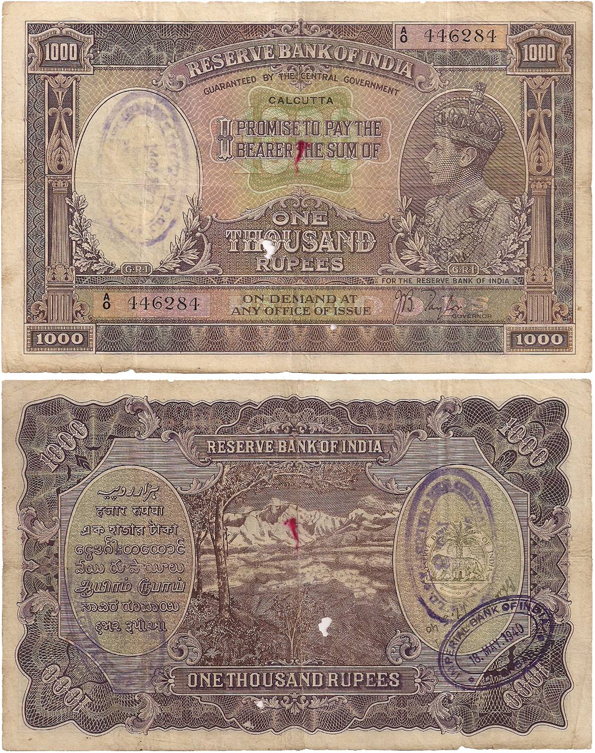 British India, George VI, Rs. 1000, Sign by J B Taylor, Calcutta Circle of issue, Prefix A