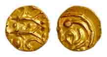 Alupas of Udupi, Gold, Fanam, two fish emblem of the Alupas on obv, rev. has Kannada lette