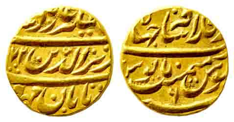 Alamgir II, Gold,(10.9) Mohur, Shahjahanabad Mint, (11)72/6, mint name at top on rev. Abou