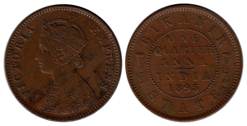 Copper, ¼ Anna, 1895, with the name and bust of Victoria Empress. Extremely Fine, Rare.
