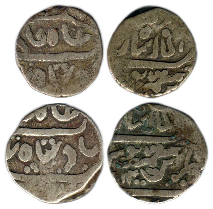 Silver (2), Shahpura (Shahjahanabad) Mint, in the name of Shah Alam II, crude calligraphy 
