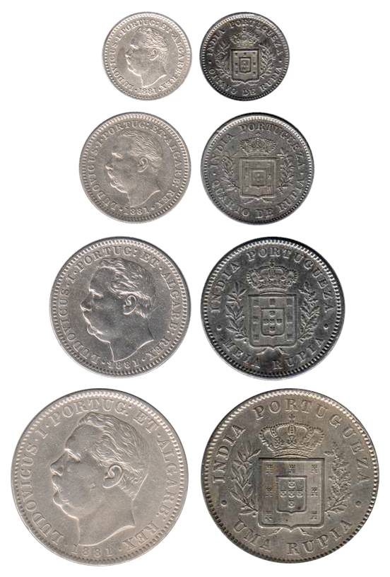 Luis (Ludwig), Silver (4), Set of 4: Rupee, ½, ¼ and 1/8 Rupia, 1881. Very Fine, Scarce. 4