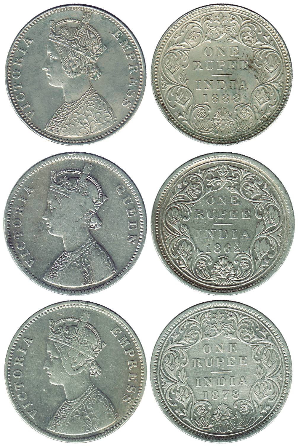 Victoria Queen and Empress, Silver (5), Rupee, 1862 (3), 0/3 Dots; 0/0 Dots and 0/5 Dots, 
