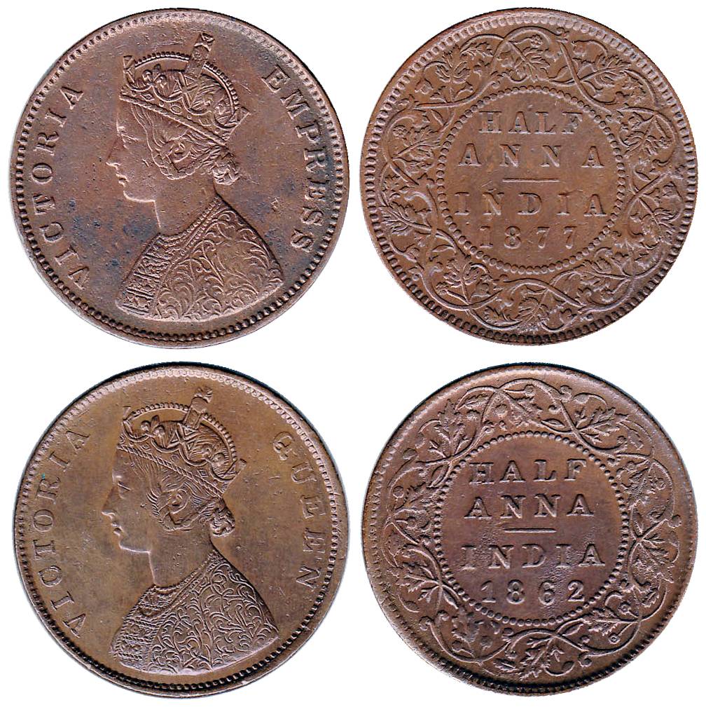 Victoria Queen and Empress, Copper (2), ½ Anna, 1862 and 1877. Very Fine+ to Extremely Fin