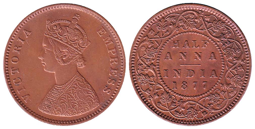 Victoria Queen and Empress, Copper, ½ Anna, 1877. About UNC, Rare.