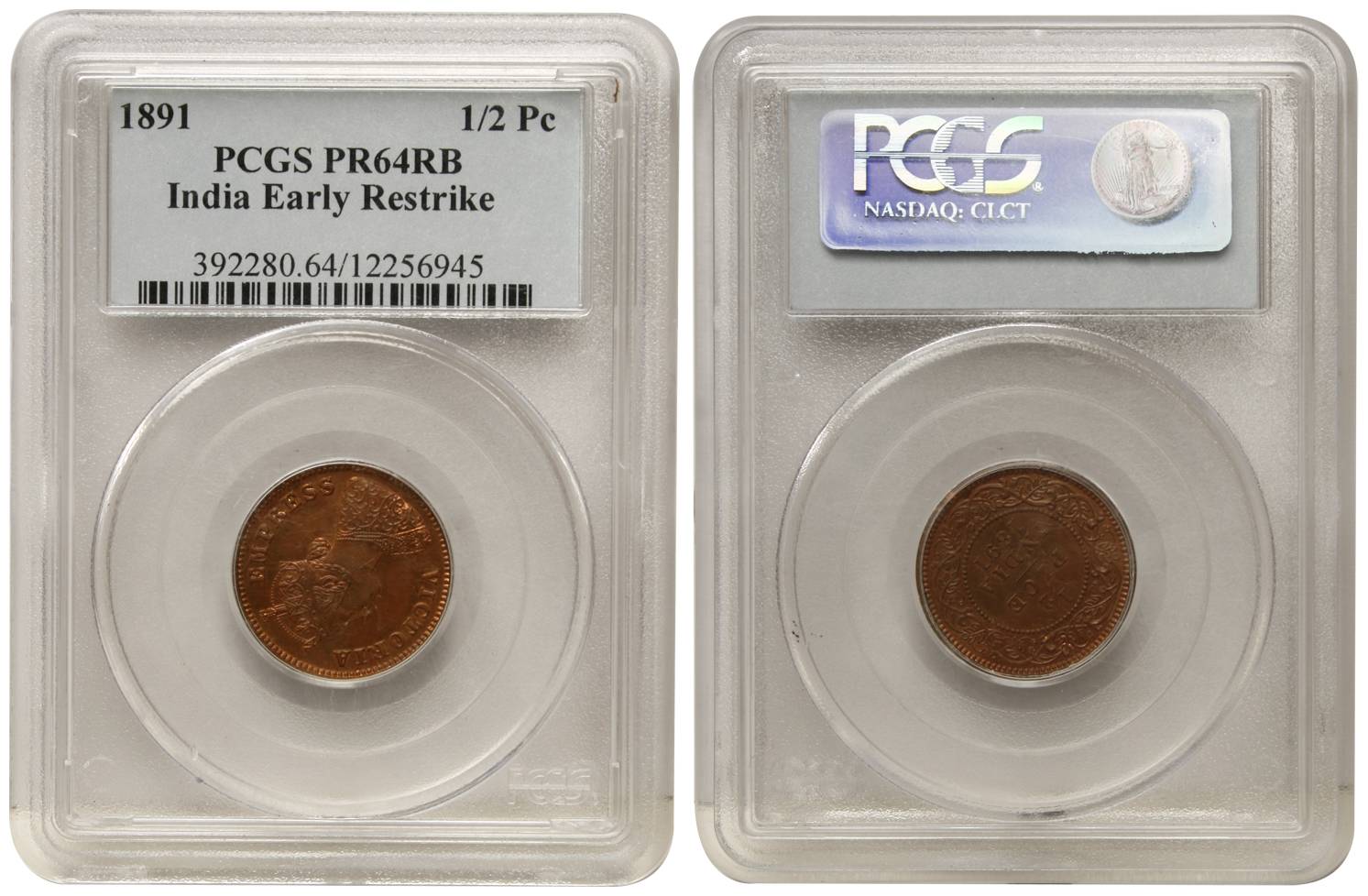 Victoria Empress, Copper, ½ Pice, 1891, Proof. Graded and Slabbed by the PCGS as PR64 RB, 