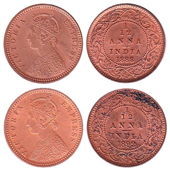 Victoria Empress, Copper (10), 1/12 Anna, 1888 (5), 1892 (5). All UNC with luster, Scarce.