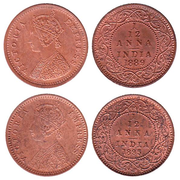 Victoria Empress, Copper (10), 1/12 Anna, 1889 (5), 1895 (5). All UNC with luster, Scarce.