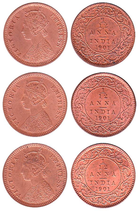 Victoria Empress, Copper (10), 1/12 Anna, 1901 (5), Calcutta Mint. All UNC with luster, Sc