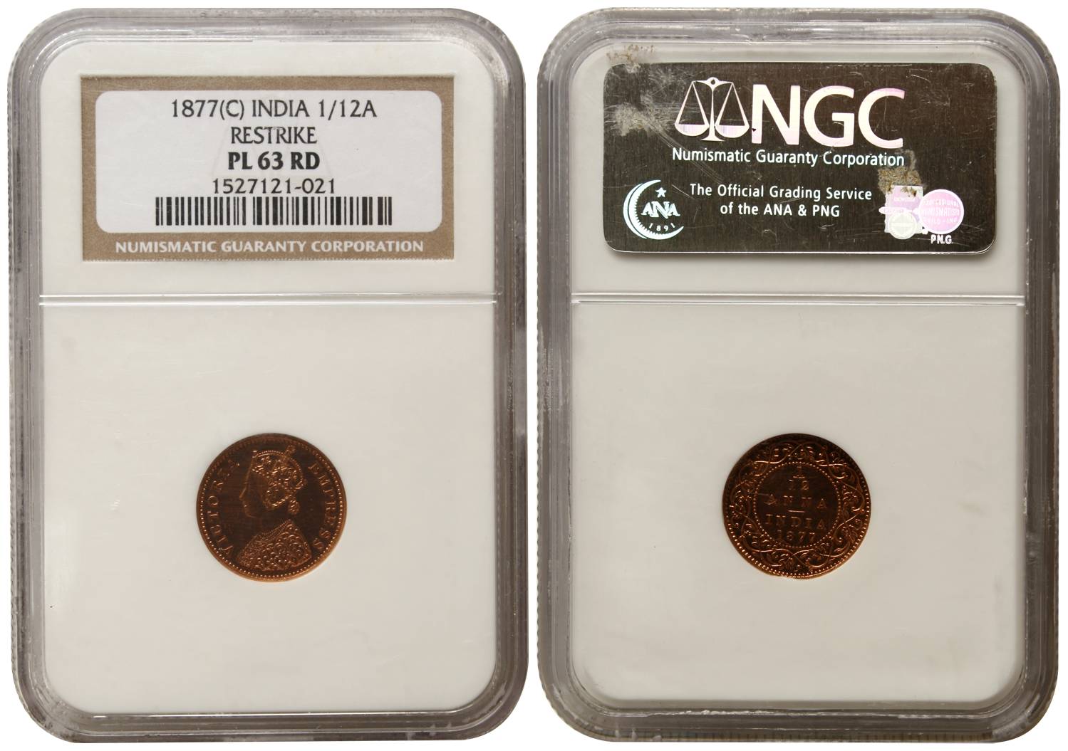 Victoria Empress, Copper, 1/12 Anna, 1877, Calcutta Mint, Proof. Graded and Slabbed by the