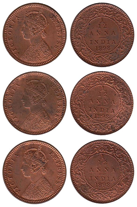 Victoria Empress, Copper (10), 1/12 Anna, 1898, Calcutta Mint. All UNC with luster, Scarce
