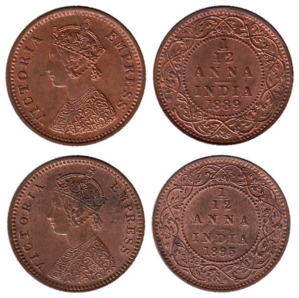 Victoria Empress, Copper (10), 1/12 Anna, 1889 (5), 1895 (5). All UNC with luster, Scarce.