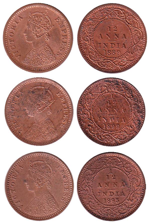 Victoria Empress, Copper (10), 1/12 Anna, 1889 (3), 1892 (2), 1895 (3), 1899 (2). All UNC 