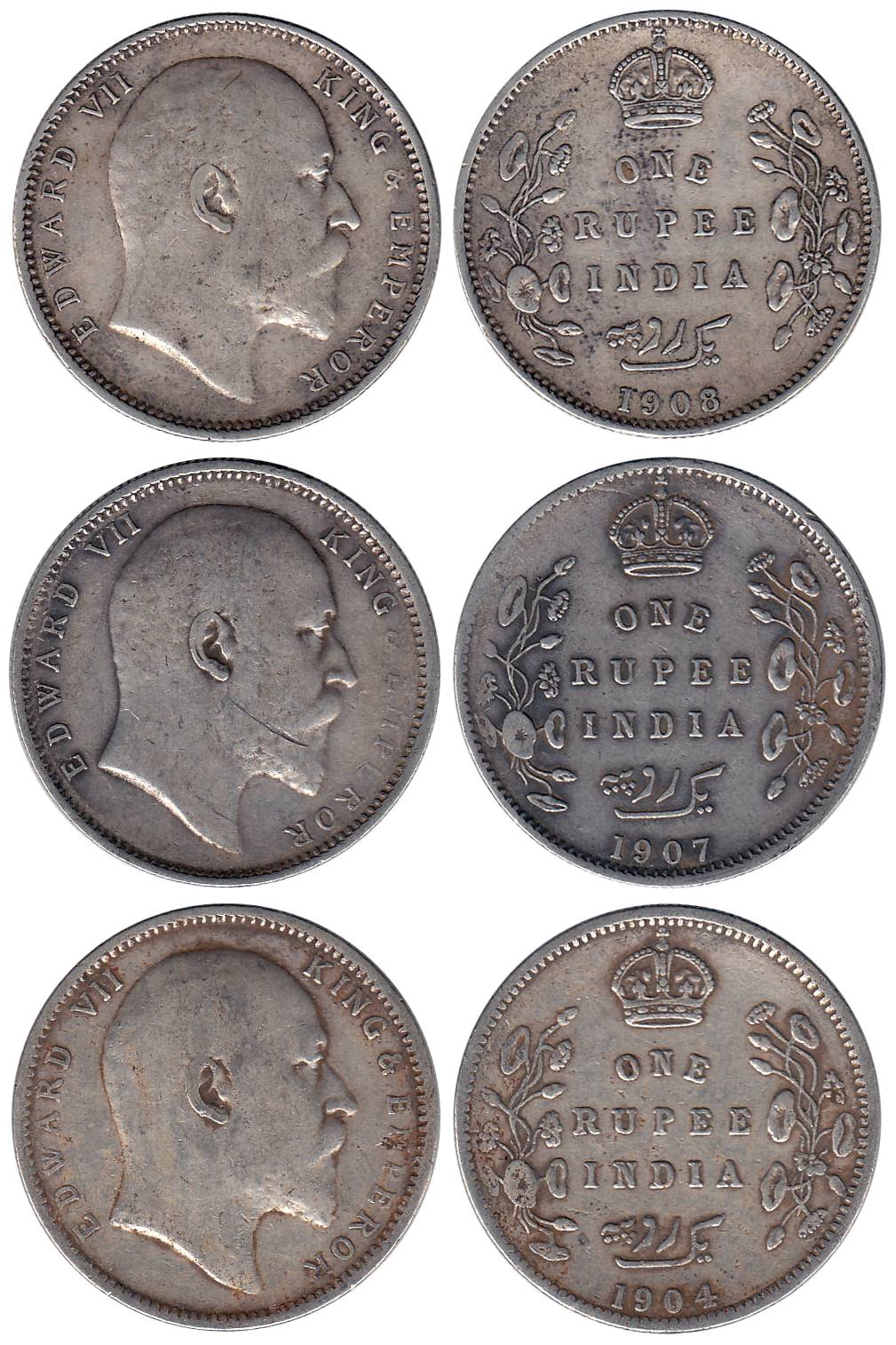 Edward VII, Silver (5), Rupee, 1904, 1905, 1906 and 1907. Very Fine. 5 coins