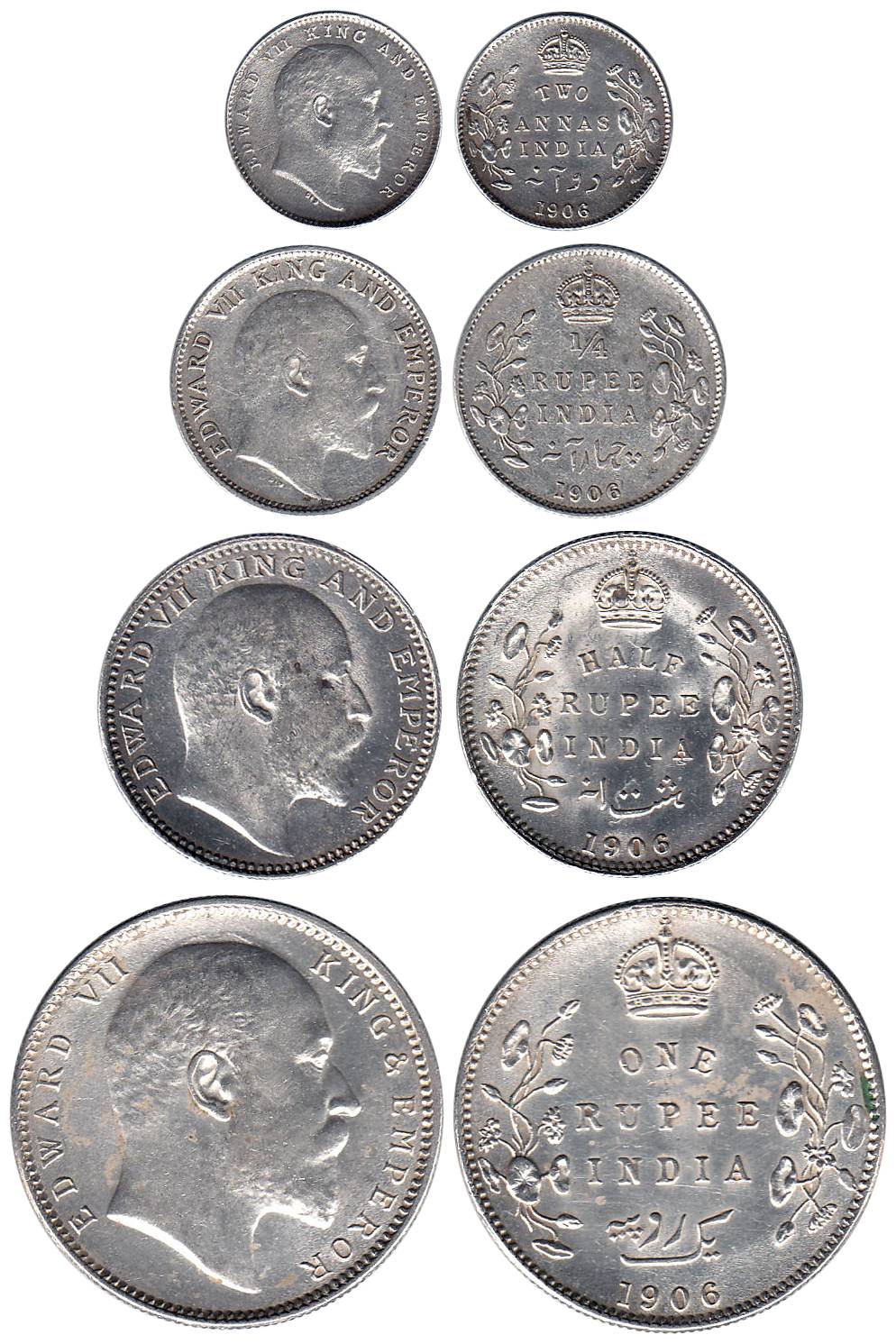 Edward VII, Silver (4), Set of 4: Rupee, ½ , ¼ Rupee and 2 Annas, 1906. Very Fine to About