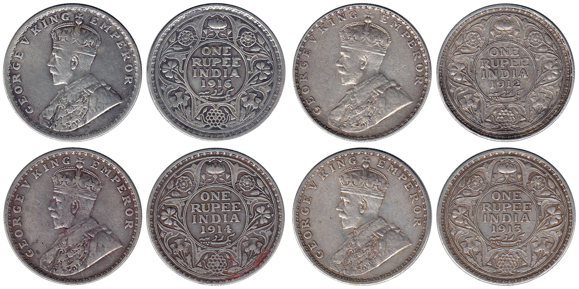 George V, Silver (7), Rupee, 1912, 1913, 1914, 1916, 1917, 1918 and 1919. Very Fine. 7 coi