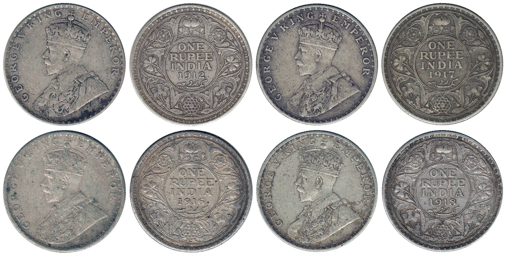 George V, Silver (6), Rupee, 1912, 1913, 1914, 1916, 1917 and 1918. Very Fine. 6 coins