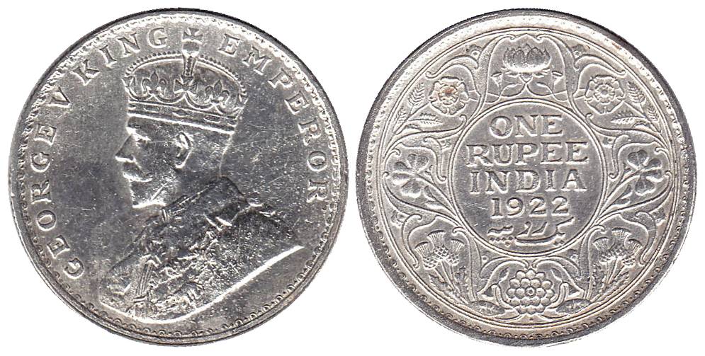 George V, Silver, Rupee, 1922, Bombay Mint. Very Fine+, Scarce.