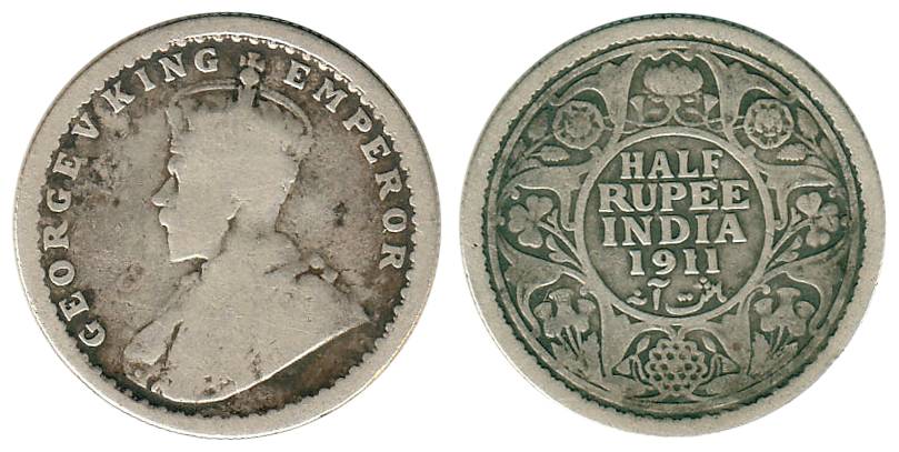 George V, Silver, ½ Rupee, 1911, Pig type issue, Calcutta Mint. Fine, Extremely Rare Among
