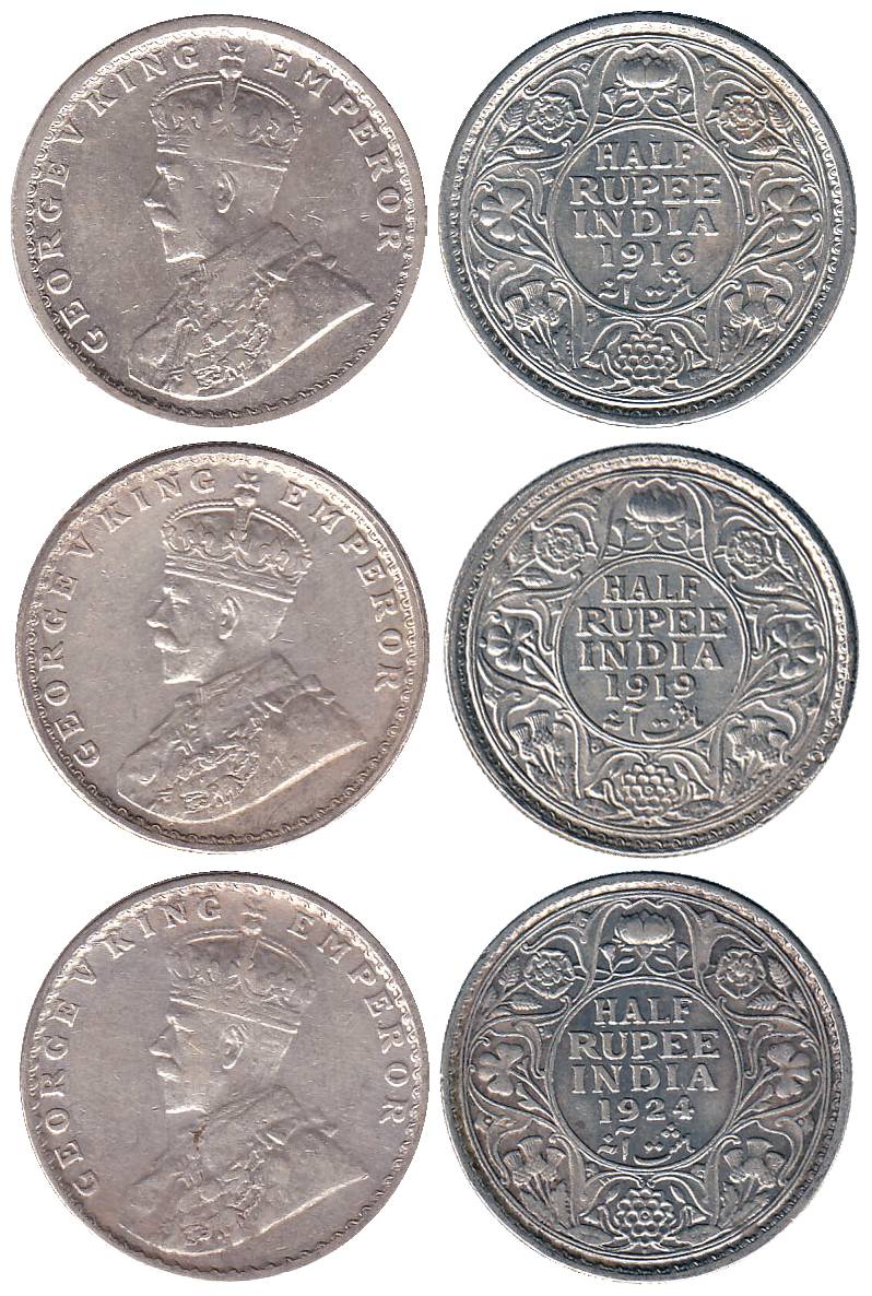 George V, Silver (6), ½ Rupee, 1916, 1917, 1918, 1919, 1922 and 1924. Very Fine+, Scarce. 