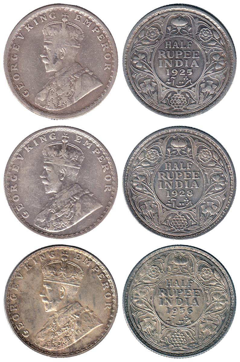 George V, Silver (6), ½ Rupee, 1925, 1926, 1928, 1919, 1934 and 1936 (2). Very Fine+, Scar