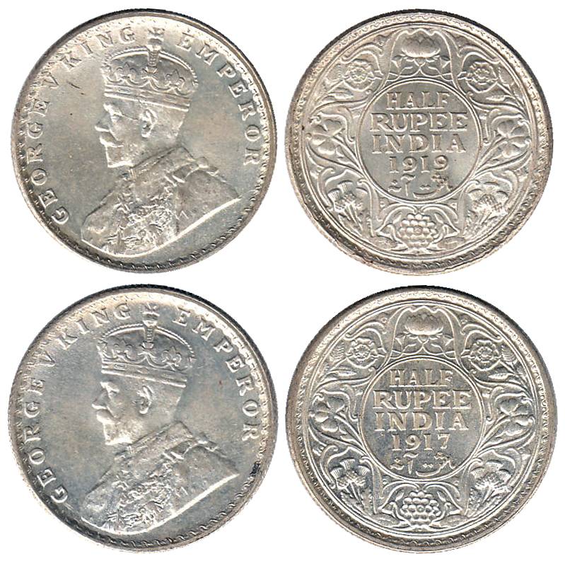 128 George V, Silver (5), ½ Rupee, 1917 (4), 1919, Bombay Mint. All UNC with luster, Scarc