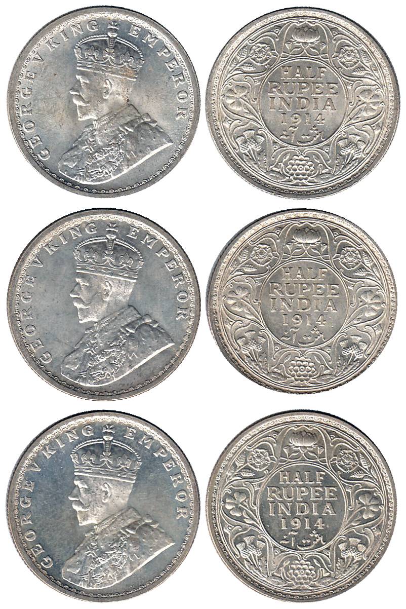George V, Silver (3), ½ Rupee, 1914, Bombay Mint. All UNC with luster, Scarce. 3 coins