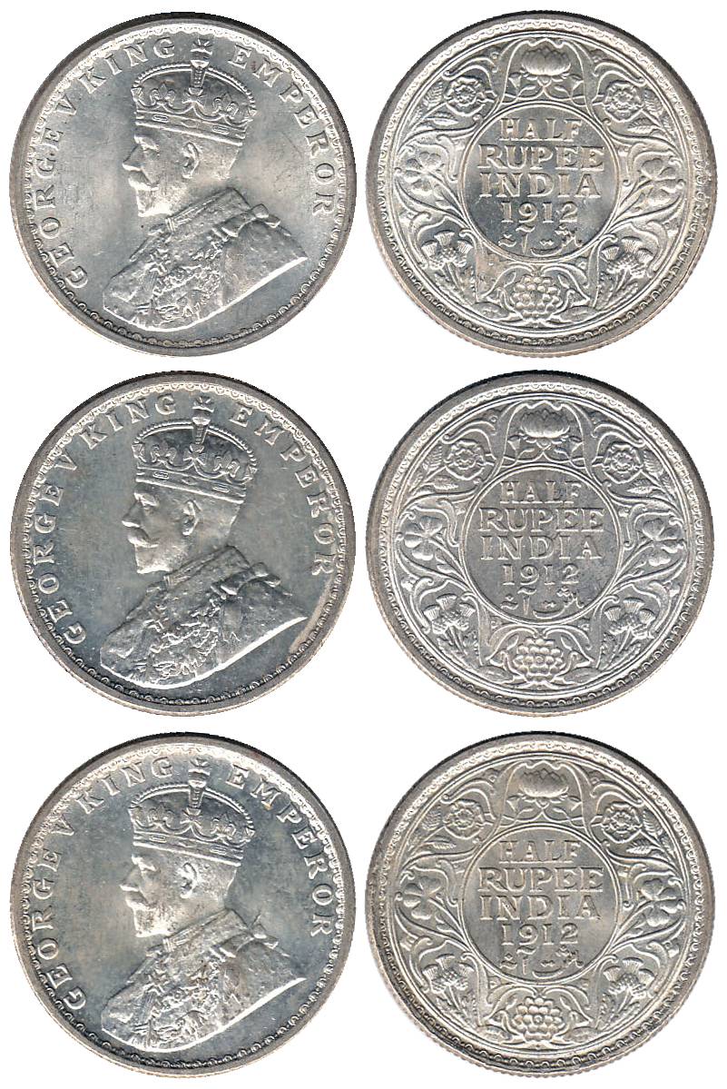 George V, Silver (3), ½ Rupee, 1912, Bombay Mint. All UNC with luster, Scarce. 3 coins