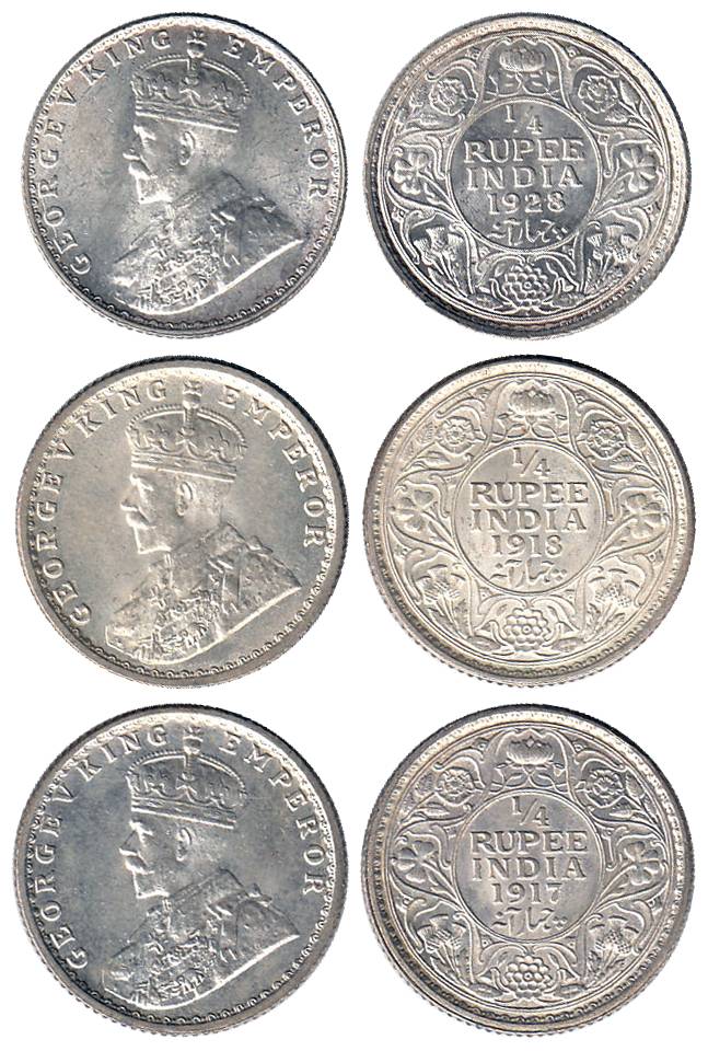 George V, Silver (6), ¼ Rupee, 1917, 1918, 1928, 1934 and 1936 (2). All UNC with luster, S