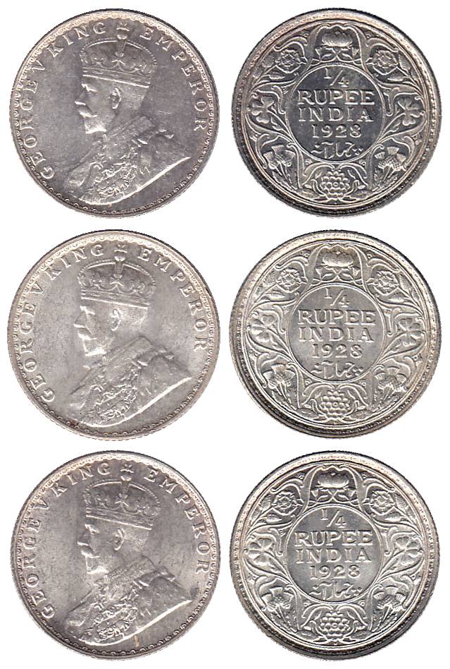 George V, Silver (7), ¼ Rupee, 1928, Bombay Mint. All UNC with luster, Scarce. 7 coins